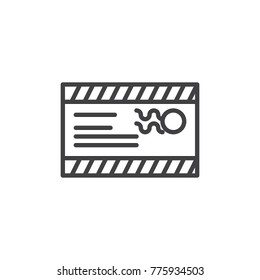 Mail envelope with a stamp and address line icon, outline vector sign, linear style pictogram isolated on white. Postcard symbol, logo illustration. Editable stroke