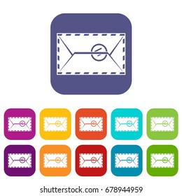 Mail envelope with a stamp icons set vector illustration in flat style In colors red, blue, green and other