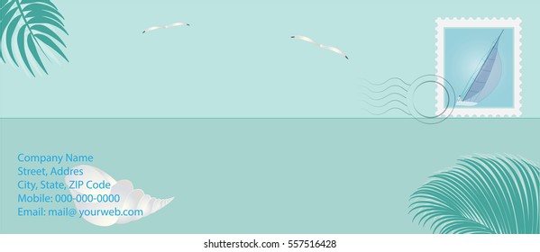  mail envelope stamp postmark seascape palm branches shell yacht isolated on a white background art creative vector design element