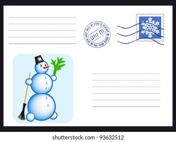 Mail envelope with stamp and Snowman on black