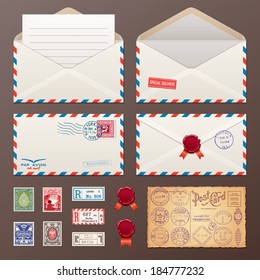 Mail Envelope, Stickers, Stamps And Postcard Vintage Style Vector
