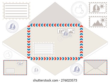 Mail Envelope, Stickers And Stamps And Postcard.