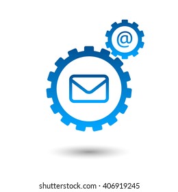 Mail envelope and symbol in gears. Abstract icon with white background.