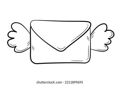Mail envelope symbol. Line drawing simple black letter icon with wings. Hand drawn in doodle style. Isolated vector illustration.