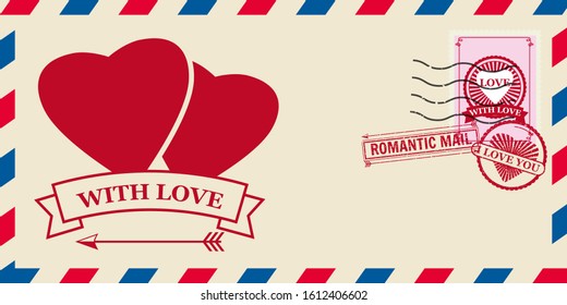 Mail envelope for Valentine day with Hearts In Love, post stamp. Template vector illustration isolated