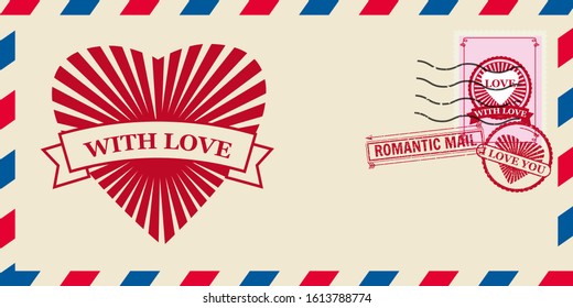 Mail envelope for Valentine day with Hearts Love, post stamp. Template vector illustration isolated