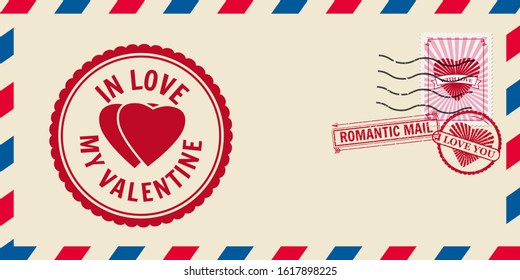 Mail envelope for Valentine s day with Hearts In Love, post stamp. Template vector illustration isolated