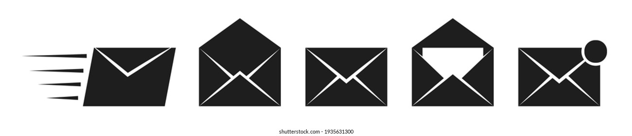 Mail envelope vector icons. Closed, open with a letter email envelope. Set of black sms vector icons in flat style.