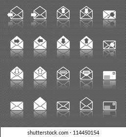 mail envelope web icons set with reflection on dark background