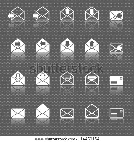 mail envelope web icons set with reflection on dark background