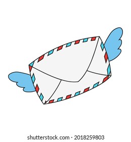 A mail envelope with wings. Cartoon character. Colorful vector illustration. Isolated on white background. Design element. Template for your design, books, stickers, cards.
