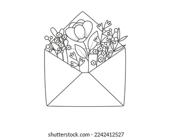 Mail envelope wis a fantasy flowers. Romantic spring message. Vector illustration isolated on a white background