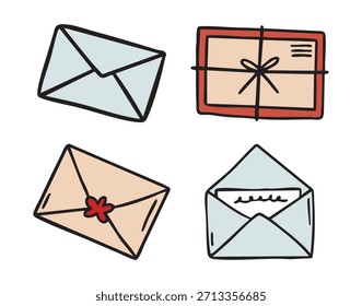Mail envelopes clipart set with open and closed letters, post holiday collection, hand drawn. Vector illustration.