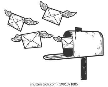 Mail envelopes fly out of the mailbox. Sketch scratch board imitation color.