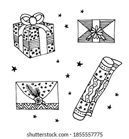 Los sobres de correo, las cajas de regalo y el papel de embalaje se dibujan a mano en un estilo lineal. Ilustración en blanco y negro. Conjunto de elementos para colorear. Accesorios de Navidad para la decoración de vacaciones. 