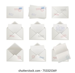 Mail envelopes opened and sealed. Collection of covers with seals and empty, front and back, blank forms and letters. Vector illustration of a set of postal items