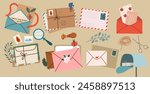 Mail envelopes. Post cards, envelopes, post stamps, craft paper letters and mail envelopes. Postage cards, cute envelopes vector illustration set. 