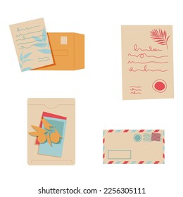 Mail envelopes. Post cards, envelopes, post stamps, craft paper letters and mail envelopes. Postage cards, cute envelopes vector illustration set. Love messages with stickers and plants