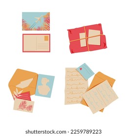 Sobres de correo. Tarjetas postales, sobres, sellos postales, cartas artesanales y sobres de correo. Tarjetas de Postage, sobres lindos conjunto de ilustración vectorial. Mensajes de amor con pegatinas y plantas