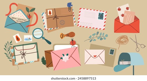 Mail envelopes. Post cards, envelopes, post stamps, craft paper letters and mail envelopes. Postage cards, cute envelopes vector illustration set. 