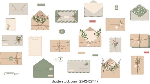 Sobres de correo. Tarjetas postales, sobres, sellos postales, cartas de papel artesanal y sobres de correo. Tarjetas postales, lindo conjunto de Ilustración vectorial de sobres.