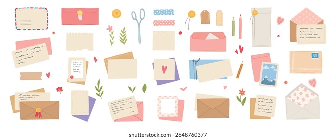 Mail envelopes. Post cards, envelopes, post stamps, craft paper letters and mail envelopes. Postage cards, cute envelopes vector illustration set. Love messages with stickers and plants