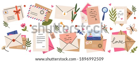 Mail envelopes. Post cards, envelopes, post stamps, craft paper letters and mail envelopes. Postage cards, cute envelopes vector illustration set. Love messages with stickers and plants