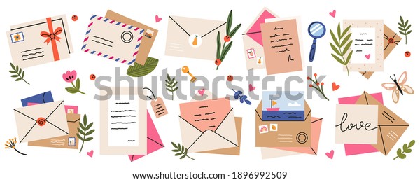 Mail envelopes. Post cards, envelopes, post\
stamps, craft paper letters and mail envelopes. Postage cards, cute\
envelopes vector illustration set. Love messages with stickers and\
plants