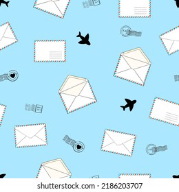 Mail envelopes and postal stamps seamless pattern. Illustration for design of postal item. Vector seamless pattern on a blue background. Flat cartoon style