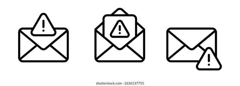Mail with exclamation mark vector icon. Spam mail line icon. Warning email notification. Spam message caution sign. Alert, error, alarm, danger.