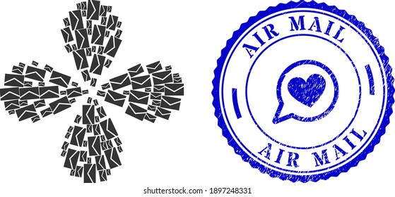 Mail exploding flower shape, and blue round AIR MAIL unclean stamp print with icon inside. Object flower with 4 petals composed from oriented mail symbols. Vector flower collage in flat style.