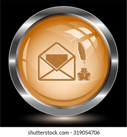 mail with feather and inkstandn . Internet button. Vector illustration.