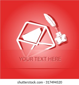 mail with feather and inkstandn . Paper sticker as bookmark. Vector illustration. Eps10.