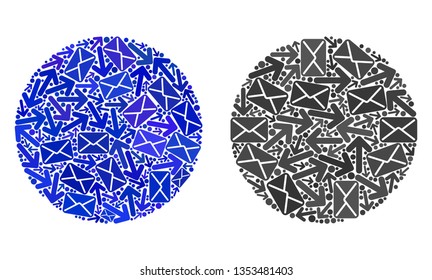 Mail filled circle icon mosaic of envelopes and arrows with blue color. Abstract vector filled circle illustration is composed of mail communication symbols. Flat design for mail movement templates.