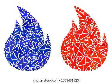 Mail fire icon mosaic of envelopes and arrows with blue color. Abstract vector fire illustration is  with mail movement symbols. Flat design for messages delivery illustrations.