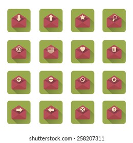 Mail flat icons set with long shadow. Vector illustration