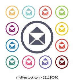 mail flat icons set. Open round colorful buttons. Vector 