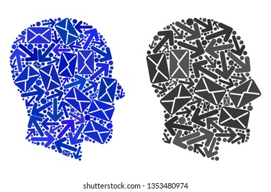 Mail gentleman profile icon collage of envelopes and arrows with blue color. Abstract vector gentleman profile illustration is composed of mail motion symbols.