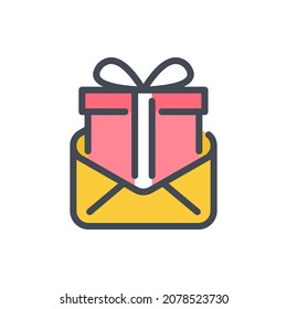 Mail with gift box color line icon. Online present box vector outline colorful sign.