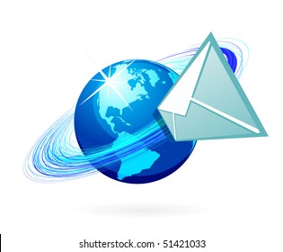 Mail in globe icon on whhite background