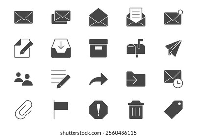 Mail glyph flat icons. Vector illustration include icon - postbox, label, letter, email, envelope, spam, document attachment silhouette pictogram for postal service.