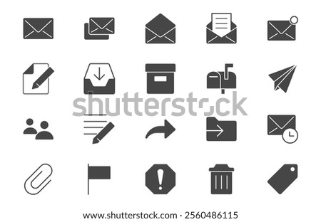 Mail glyph flat icons. Vector illustration include icon - postbox, label, letter, email, envelope, spam, document attachment silhouette pictogram for postal service.