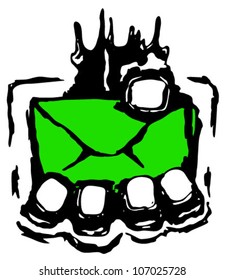 Mail grasp symbol ink design vector, over white, isolated