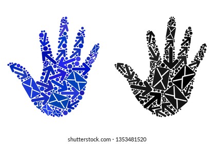 Mail hand icon collage of envelopes and arrows with blue color. Abstract vector hand illustration is  with mail delivery symbols. Flat design for mail pathways illustrations.