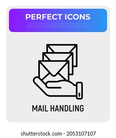 Mail handling thin line icon, hand with envelopes. Modern vector illustration for delivery service.