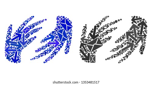 Mail hands icon collage of envelopes and arrows with blue color. Abstract vector hands illustration is created with mail delivery symbols. Flat design for mail motion posters.