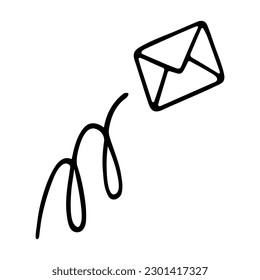 The mail has arrived. Envelope with a message. Sketch. The sealed message flies in a spiral. Vector illustration. Doodle style. Outline on isolated background. Coloring book for children. 