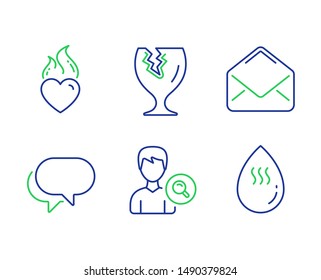 Mail, Heart flame and Search people line icons set. Talk bubble, Fragile package and Hot water signs. E-mail, Love fire, Find profile. Chat message. Business set. Line mail outline icons. Vector