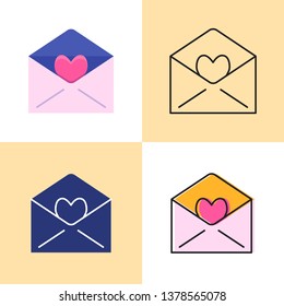 Mail with heart icon set in flat and line styles