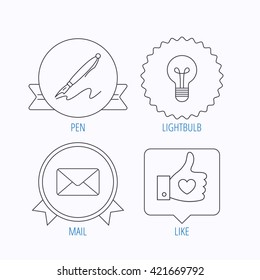 Mail, heart and lightbulb icons. Pen linear sign. Award medal, star label and speech bubble designs. Vector